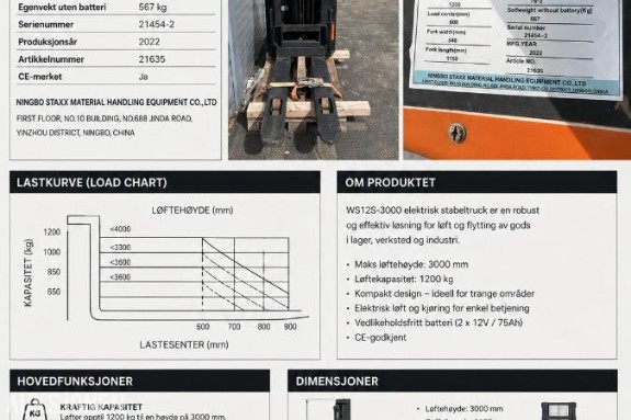 2022 Wee.no WS12S-3000 elektrisk pallestabler/elektrisk jekketralle med mast WS12S-3000